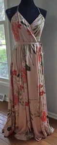Lulus Blush Pink Slit Still the One Floral Print Satin Maxi Dress Medium Belt - Picture 1 of 15