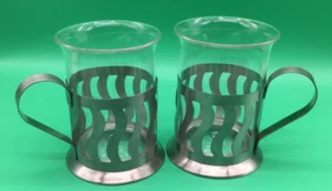 Espresso Tea Irish Coffe Glass Cup with Metal Holder and Handles - Set of 2 - Picture 1 of 4