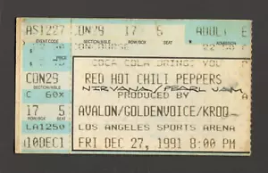 NIRVANA PEARL JAM RED HOT CHILI PEPPERS BIGLIETTO CONCERTO STUB DICEMBRE 27 1991 LA ARENA - Foto 1 di 2