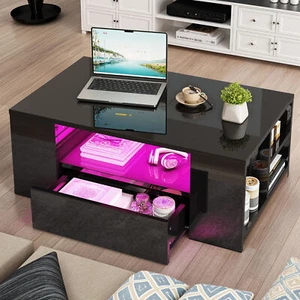 High Gloss Coffee Table with Adjustable LED & Sliding Drawers for Family Room - Picture 1 of 10