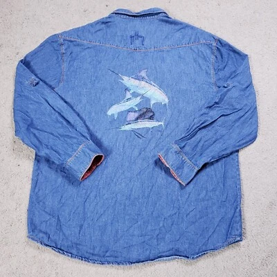 Camisa Guy Harvey Hombres XL Azul Perla Denim a Presión Marlín Gráfico Manga con Pestaña Enrollable Foto 1 de 4