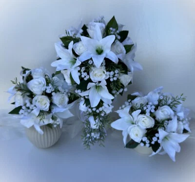 White Lily Roses Gyp Flowers Bridal Wedding Bouquet Teardrop Artificial Set - Image 1 of 4