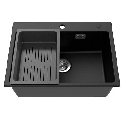 Granitspüle Spülbecken Küchenspüle Schwarz mit Siebkorb Granit mit Siphon 60x45  - Bild 1 von 4