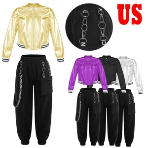 Girls Hip-Hop Street Dance Clothes Set Jacket Tops with Jogger Pants Outfits - Picture 1 of 33