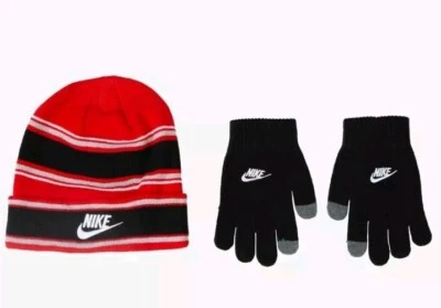 NIKE Youth Winter Hat Beanie 2 Piece Red Black White Stripe Hat + Gloves  NWT — 第 1/3 张图片