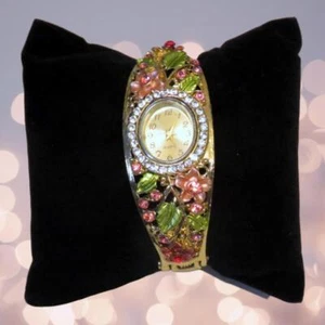 Floral & Rhinestone Women's Cuff Watch with New Battery - Picture 1 of 4