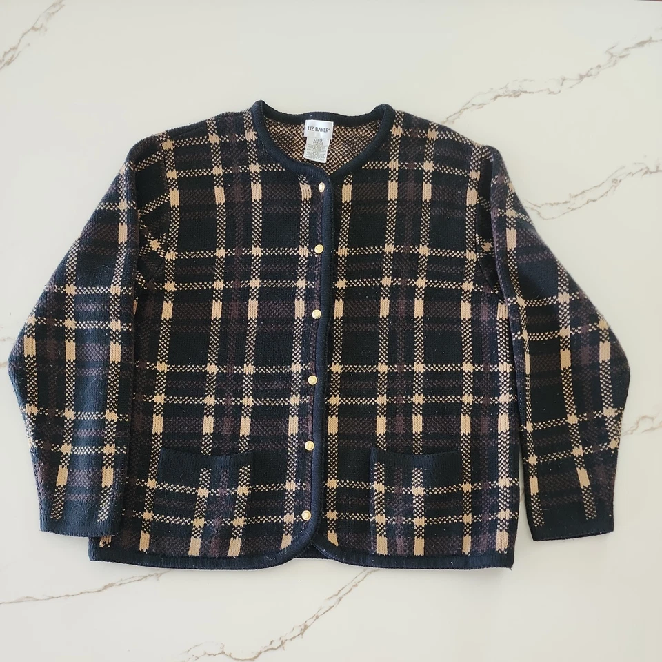 Cárdigan suéter vintage Liz Baker para mujer grande marrón a cuadros Preppy Academia años 90 Foto 1 de 4