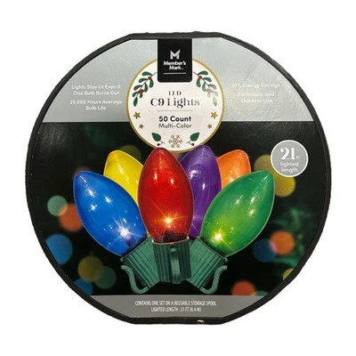 Luces LED C9 interiores/exteriores Member's Mark, multicolor, 50 unidades, 21 pies Foto 1 de 2