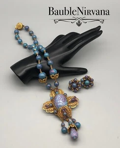 VTG Miriam Haskell Glass Turquoise Blue & Purple Drop Necklace & Earrings Set - Picture 1 of 12
