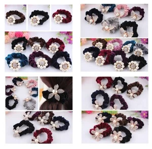 LOVEF 5PCS Pearl Flower Velvet Hair Scrunchies Rhinestone Elastic Hair Bands ... - Picture 1 of 5