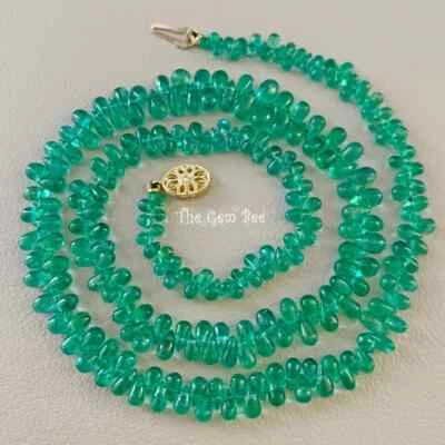 Finest Zambian Emerald Teardrop Bead Necklace 14K Yellow Gold Diamond Clasp 18" - Image 1 of 4