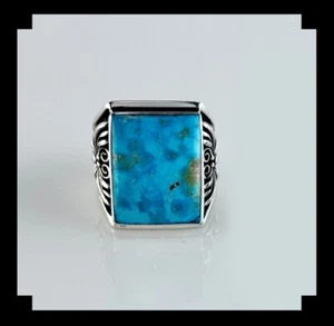 Anillo artesanal de turquesa de cresta esterlina y azul para hombre talla 9 1/2 - Imagen 1 de 6