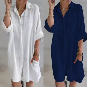 Womens Cotton Linen Buttons Shirt Dress Long Tops Loose Baggy Beach Cover Up US - Picture 1 of 13