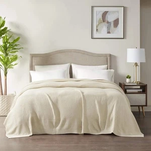 INK+IVY Beige Bree Classic Knit Blanket Queen Size | 90" x 90" - Picture 1 of 4