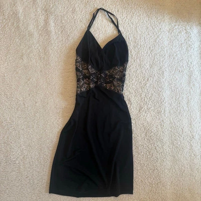 Винтажный 90-х годов Y2K NICOLE MILLER черный и розовый кружева обтяжку коктейльное платье LBD размер 8 - Изображение 1 из 4