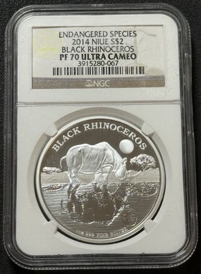 2014 1 Oz .999 Silver $2 Proof Black Rhinoceros NGC PF 70 UC Endangered Species! - Image 1 of 4