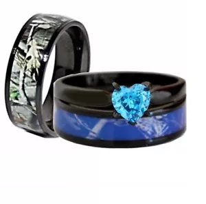 His Her Black Titanium Blue Heart Engagement Camo Couples Wedding Rings Set - Picture 1 of 5