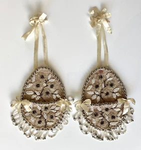 Victorian Pair BEADED WALL POCKETS Original Ribbon - Picture 1 of 13