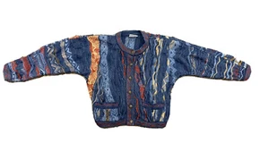 Cardigan vintage anni '90 3d abbottonato testurizzato maglione MEDIO spesso blu stile coogi - Foto 1 di 6