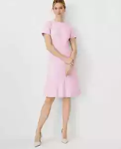 New $159 Ann Taylor The Crew Neck flare dress in cross weave pink sz 0 - Picture 1 of 3