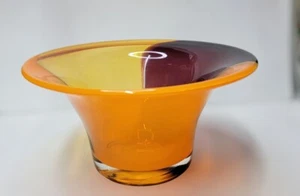 Ancien grand bol, jardinière, vase à bord en verre d'art orange 8,5" X 4,5" - Photo 1/9
