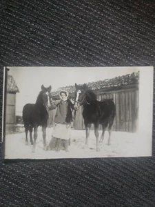 Vintage Real Photo Postcard Lady 2 Horses Winter early 1900s - Picture 1 of 5