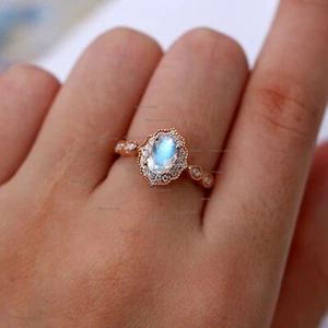 14k Rose Gold7x5mm Oval Moonstone Diamonds Studded Milgrain Rings Jewelry US7 - Picture 1 of 2