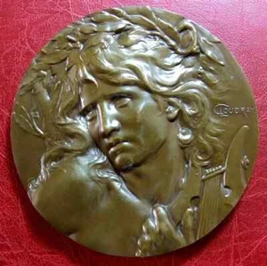 Exposition Universelle 1900 Orphée musicien grec 751gr 113mm Plaque L. COUDRAY - Imagen 1 de 3