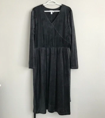 Denim & Co. Velour Petite V-Neck Midi Dress Pockets -Black (Sz PXL) a627222 - - Image 1 of 4