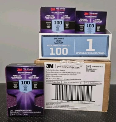 Case of (12) 3M Pro Grade Precision 100 Grit Medium Sanding Sponges 2⅝"x 3¾"x 1"