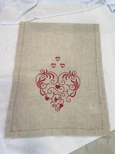 Linen Blend Table Runner Flax Tan Color Red Heart Embroidery 15 1/2" W x 40" L - Picture 1 of 8