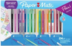 Paper Mate Felt Tip Pens 4 Tips Smear-Resistant Ink Multicolored Flair 24pk - Picture 1 of 8