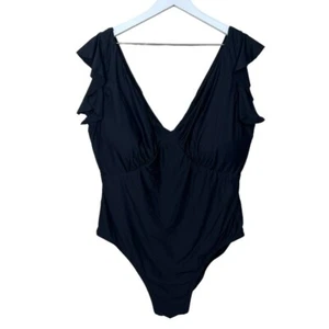 By Anthropologie Womens Plus Size 1X Black Flutter Sleeve One Piece Swimsuit - Picture 1 of 11