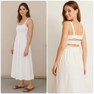 Weißes gesmoktes Midikleid hinten offen Käfig Träger Sommerkleid Cottagecore minimalistisch - Bild 1 von 10