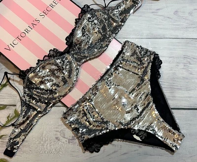 VS For Love & Lemons Maia Underwire Bra High Waist Panty Set Black & Sequin - Image 1 of 4