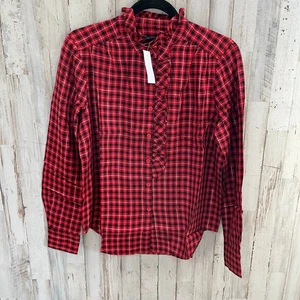 New! Ann Taylor Red Plaid Shimmer Ruffle Button Up Shirt Holiday Womens Small - Picture 1 of 7