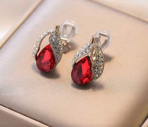 Clip on 1" gold, red and clear stone cutout teardrop earrings - Picture 1 of 4