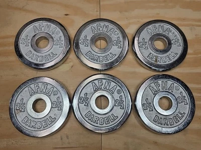Set 6 Rare Chrome AFNA 2-1/2 lb BARBELL WEIGHT PLATES with 1" Holes 15 lb Total - Image 1 of 4