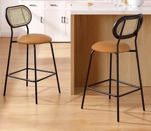 Rattan Bar Stools Set of 2, Oak Back Frame, Modern 26 Inch Counter Height - Picture 1 of 6