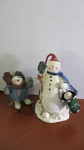 Set of 2 SNOWMAN FIGURINES~4" SKIING and 6.5" ADULT & BABY in BUCKET - Picture 1 of 6