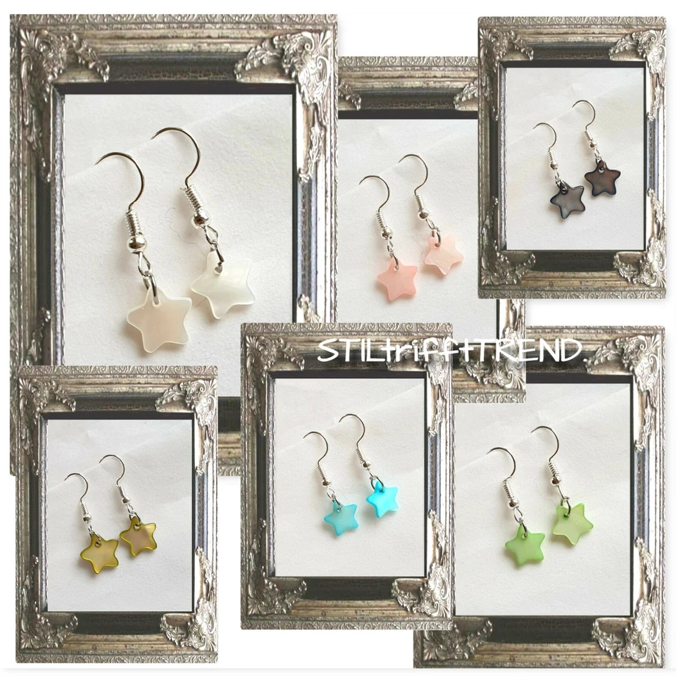 OHRRINGE HÄNGER PERLMUTT MUSCHEL STERN STAR weiß türkis grün rosa silber - Bild 1 von 1