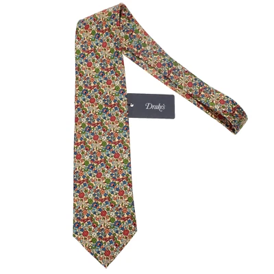 Corbata Drake's NUEVA CON ETIQUETAS en Amarillo/Multicolor Mini Estampado Floral 100% Seda Foto 1 de 4