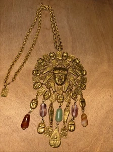 Collar Colgante Borla Ágata Estilo Renacimiento Egipcio Chapado en Oro Años 60 Goldette - Imagen 1 de 8