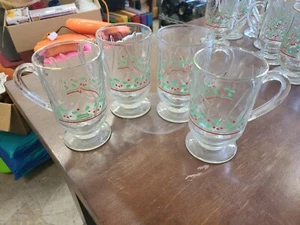 4 Vintage Arbys Holly Berry IRISH COFFEE MUGS Footed Pedestal Christmas WORN - Picture 1 of 4