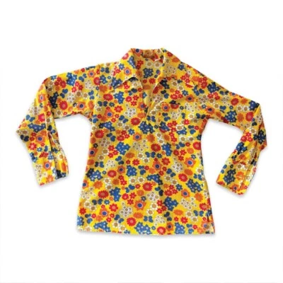 Camisa Discoteca Vintage Años 70 Hippy Groovy Amarilla Flower Power Pequeña Foto 1 de 4
