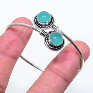 Aqua Chalcedony Gemstone 925 Sterling Silver Jewelry Cuff Bracelet Adjustable - Picture 1 of 1
