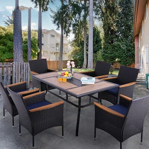 7Pcs Outdoor Furniture Set Patio Dining Set Wicker Rattan Chairs Wood-like Table - Picture 1 of 11