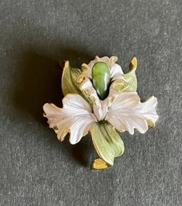 Vintage Orchidee Iris Blume Brosche Anstecknadel silber grün goldfarben Sicherheitsverschluss - Bild 1 von 3