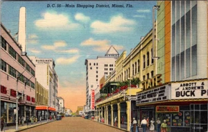 MIAMI, FLORIDA - DISTRITO COMERCIAL DE LA CALLE PRINCIPAL - POSTAL DE LINO VINTAGE - Imagen 1 de 2