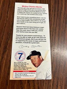 1995 MICKEY MANTLE ORGAN DONOR CARD - Picture 1 of 1
